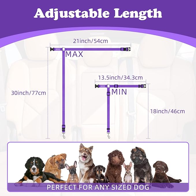 BWOGUE 2 Packs Dog Cat Safety Seat Belt Strap Car Headrest Restraint Adjustable Nylon Fabric Dog Restraints Vehicle Seatbelts Harness Purple-PawvioPets
