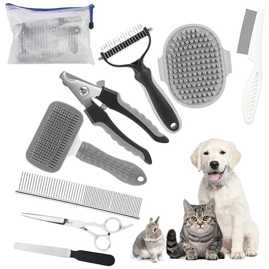 Cat Grooming Brush, 9PCS Dog Brush Kit with Pet Nail Clipper and File, Deshedding Brush for Cats, Cats Dog Shedding Brushs for Small Large Pets, Includes Flea Comb, Bath Brushs,Undercoat Rake (Grey)-PawvioPets