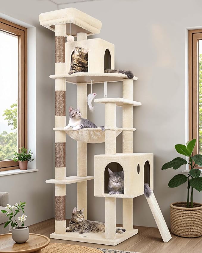 Globlazer Heavy Duty Cat Tree Tower, 70inch Sturdy Cat Tree for Indoor Cats Sturdy Large Cat Tower with Scratching Post and Scratching Board, Hammock, Cat Condo for Adult Cats Kittens, F70 Pro, Beige-PawvioPets