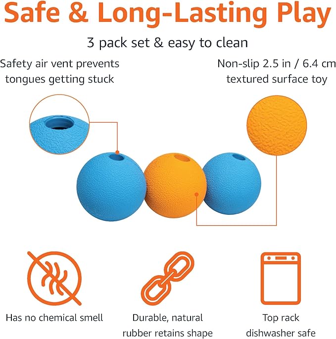 Amazon Basics Dog Toys, Interactive Supreme Rubber Balls, (Pack of 3), 2.5 inch, Blue, Orange-PawvioPets