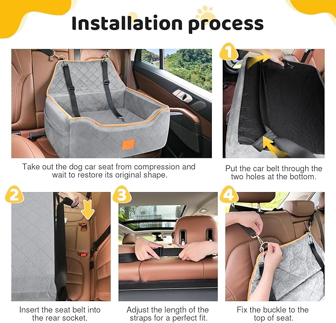 Dog Car Seat for Large/Medium Dog, Booster Seat for Dogs Under 55Lbs or 2 Small Puppy, Detachable and Washable Travel Pet Bed with Thick Cushion and Storage Pockets (Gray)-PawvioPets