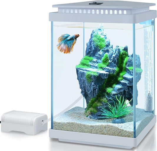 FEDOUR Small Glass Aquarium, 1 Gallon Desktop Fish Tank, Betta Fish Tank, Mini Aquarium Starter Kit with Air Pump LED Light Decoration Water Changer Fish Net (White)-PawvioPets