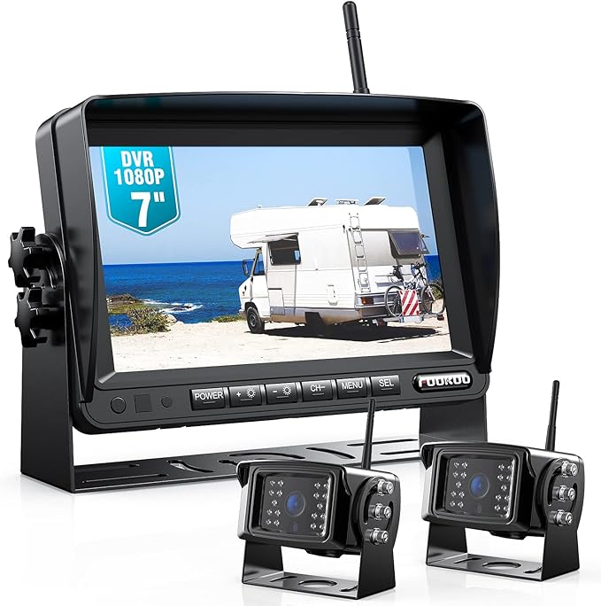 Fookoo 1080P 7" Wireless Backup Camera System, 7" HD Dual/Quad Split Monitor with Recording, IP69 Waterproof Rear View Front View Cameras with Parking Lines, Suits for RV/Truck/Trailer/Van/Bus(DW702)-PawvioPets