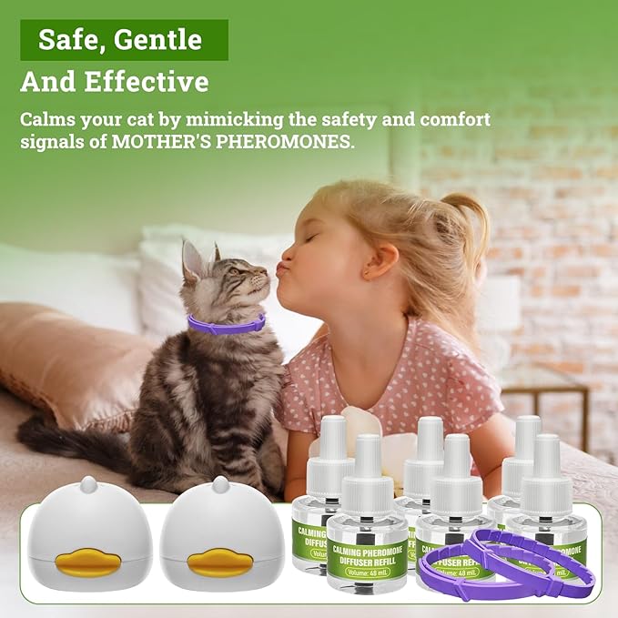 2 Diffusers& 6 Refills +2pcs Calming Collar Cat Calming Diffuser, Plug in Diffuser Cat Pheromone Calming Diffuser Starter Kit Helps Ruduce Anxious, Anti-Stress & Comforts Cats-PawvioPets
