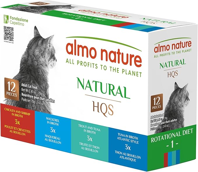 Almo Nature: HQS Natural Cat Pack 2 - (12) 2.47oz Can, Adult Cat Wet Canned Food - 3 Each: Atlantic Tuna, Mackerel, Trout & Tuna, Chicken & Shrimp-PawvioPets