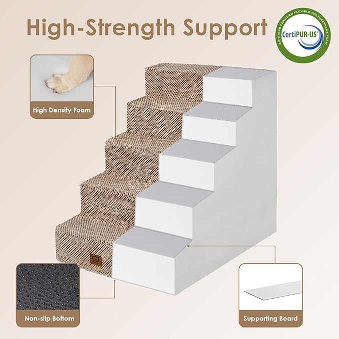 EHEYCIGA Dog Stairs for High Bed 25" H, 5-Step Extra Wide Dog Steps for Bed, Pet Steps for Small Dogs and Cats, Non-Slip Balanced Pet Ramp Indoor, Camel-PawvioPets