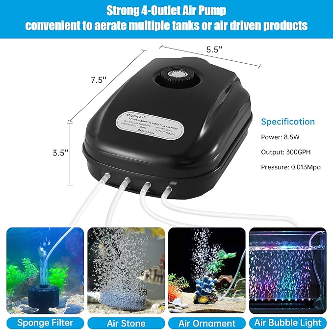 AQUANEAT Aquarium Air Pump 300GPH, for up to 200 Gallon Fish Tank, Powerful Hydroponic Aerator Pump with Tubing, Air Stones, Valves-PawvioPets