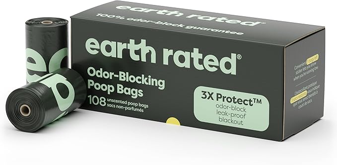 Earth Rated Odor-Blocking Poop Bags for Dogs with 3X Protect, Guaranteed to Block Smells & Leak-Proof Performance, Conceals Smell & Mess, Unscented, 108 Count-PawvioPets