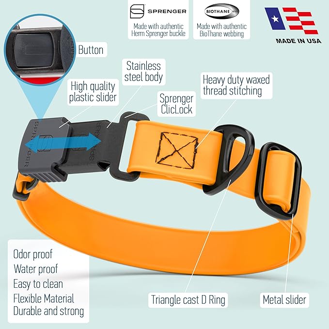 Dogline Biothane Waterproof Dog Collar with Herm Sprenger Black Stainless Steel Quick Release Buckle – Heavy Duty Tactical Durable Collar for Dogs – Comfortable, Safe Pet Collar W 1" L15-25 Tangerine-PawvioPets