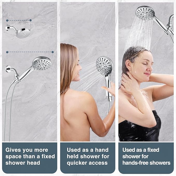 BRIGHT SHOWERS High Pressure Shower Head with Handheld, 9 Spray Settings Showerhead Built in Power Wash to Clean Tub and Pets, Extra Long 69" Hose, Adjustable Bracket, Chrome-PawvioPets