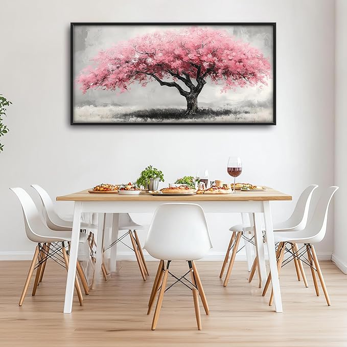 Extra Large Framed Pink Tree Wall Art,Abstract Tree of Life Wall Decor,Pink and Grey Pictures for Living Room,Canvas Print Painting Modern Artwork Bedroom Office Bathroom Home Decor 60L x30W-PawvioPets
