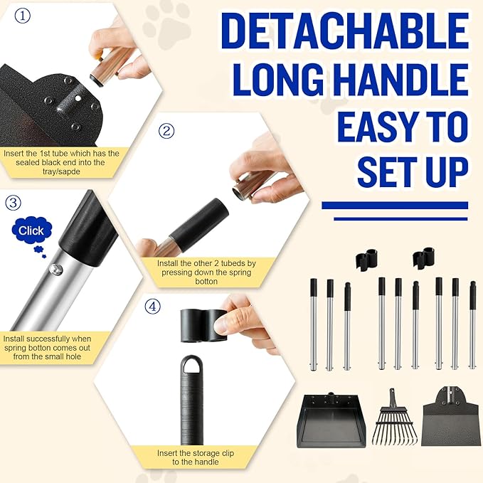 Dog Pooper Scooper, Tray Rake and Spade 3 Pack Poop Scoop Adjustable Long Handle Metal with Bin for Pet Waste Removal, No Bending Clean Up for Large and Small Dogs-PawvioPets