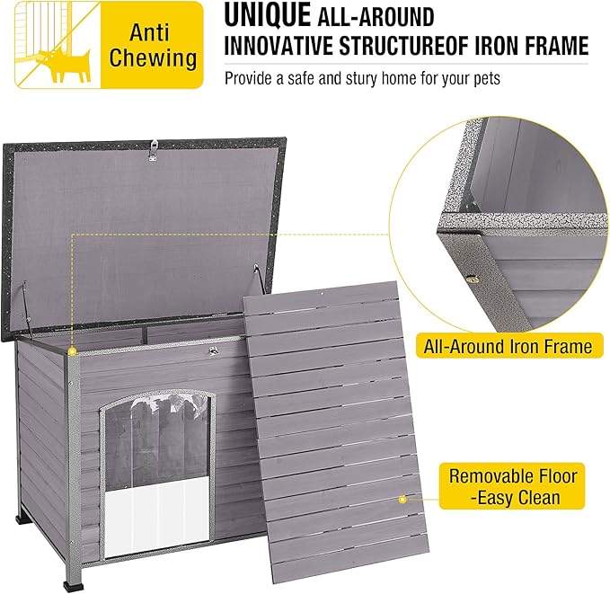 Aivituvin Large Dog House Outdoor Indoor Weatherproof Dog House for Small & Medium & Large Dogs with Unique All-Around Iron Frame＆Raised Feet（Grey）-PawvioPets
