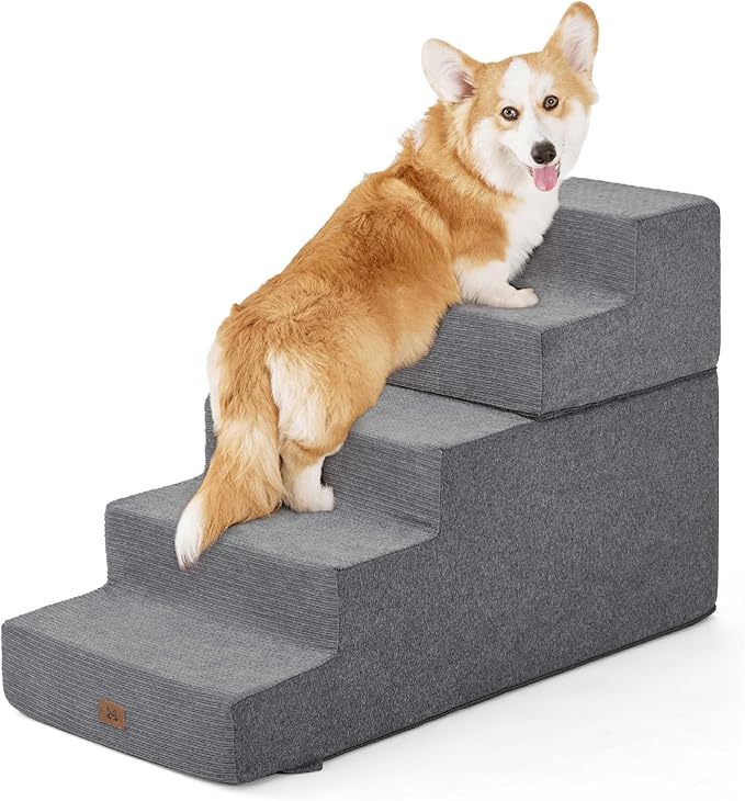 Dog Stairs for High Bed, Dog Steps for Bed Couch Sofa, 35D Foam Extra Wide Pet Steps for Small Dogs and Cats, Pet Stairs with Non-Slip Bottom Grey, 5 Steps-PawvioPets