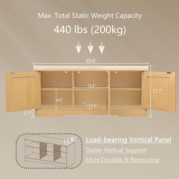 DINZI LVJ Shoe Bench, Entryway Storage Bench with Doors, Cushion, 2-Tier Shoe Rack with 6-Cubby, 39.4”L x 13.8”W Shoe Organizer Cabinet, Adjustable Shelf, Living Room, Bedroom, Natural-PawvioPets
