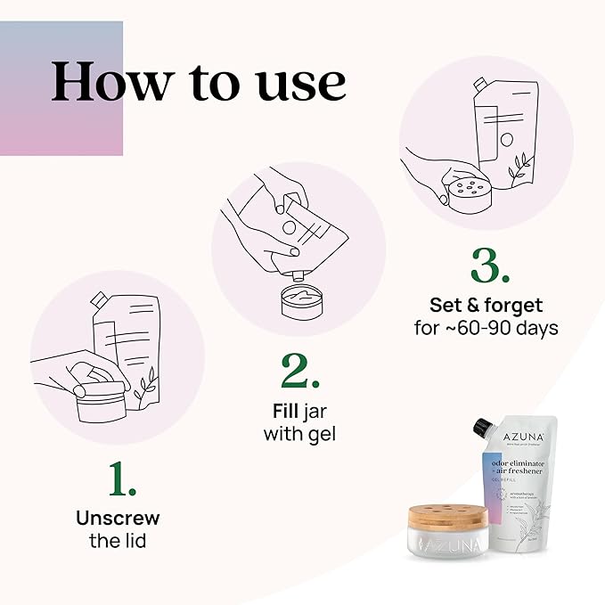Azuna Air Freshener & Odor Eliminator for Strong Odor | 1 Room Kit Includes (1) Empty Luxe Glass Jar & 8oz Refill with Tea Tree Essential Oil Gel | Aromatherapy | Last 60-90 Days-PawvioPets