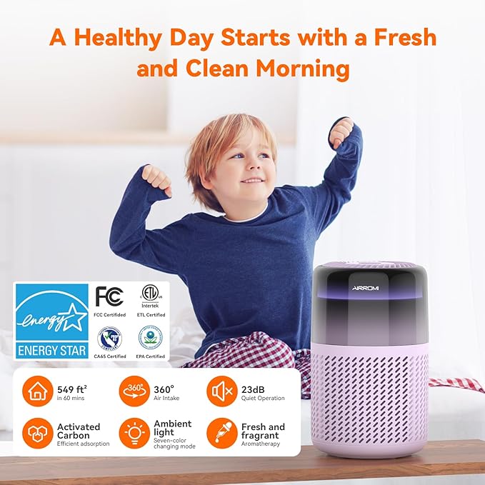 AIRROMI Air Purifier for Bedroom Home,HEPA Filter,Covers Upto 549 Ft²,Quiet 360°intake Air Cleaner with Fragrance ponge for Better Sleep,Night Light,Filters Smoke,Pet Dander,Allergies,Dust,A2005Purple-PawvioPets