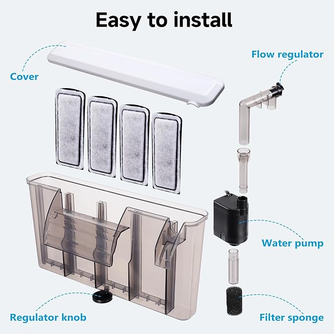 AQQA Quiet 30-50 Gallon Fish Tank Filters - Auto Start Hang on Back Aquarium Filter, Adjustable Flow, Deodorization Decontamination Filter System AQ168 (8W 200GPH)-PawvioPets