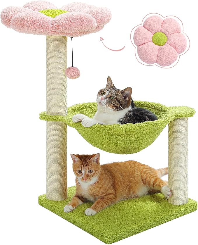 Flower Cat Tree, 28" Cat Tower with Cozy Flower Perch, Large Hammock for Indoor Small Cats, Cute Cat Tree with Sisal Scratching Post and Fur Toy Ball for Kittens, Pink-PawvioPets