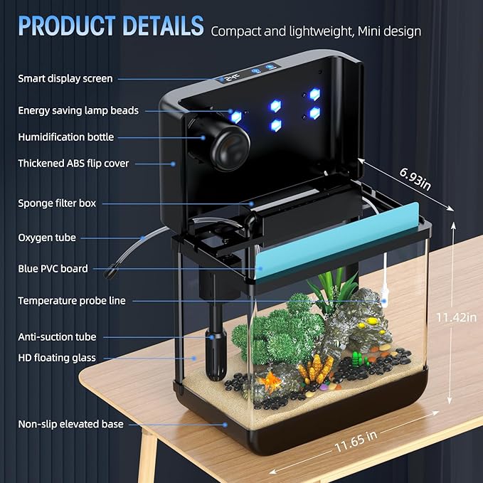 Fish Tank 2.2 Gallon Fish Bowl with Humidifier 7 Color Auto-Looping Light 3 in 1 Quiet Pump with Filteration & Oxygenation & Circulation, Temperature Display, HD Float Glass, Thickened Base-PawvioPets
