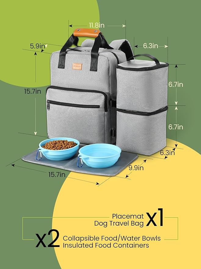 Dog Travel Bag, 25L Airline Approved Dog Travel Backpack for Pet Travel Accessories with 2 Food Storage Containers, 2 Foldable Bowls for Short Trips, Grey-PawvioPets