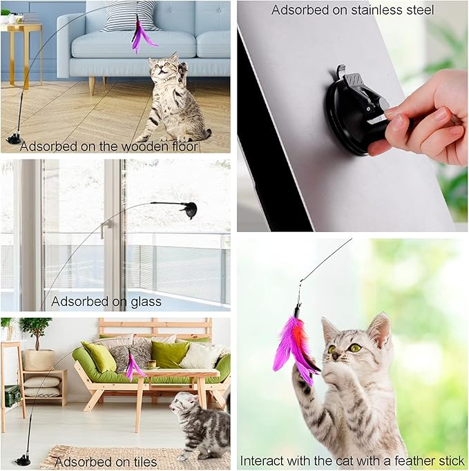 Cat Feather Toys Interactive Cats - Dorakitten Cat Powerful Suction Cup Handheld Teaser Wand Toy and 5PCS Replacement Feather with Bell for Kitty Kitten Scratching Exercise Indoor-PawvioPets