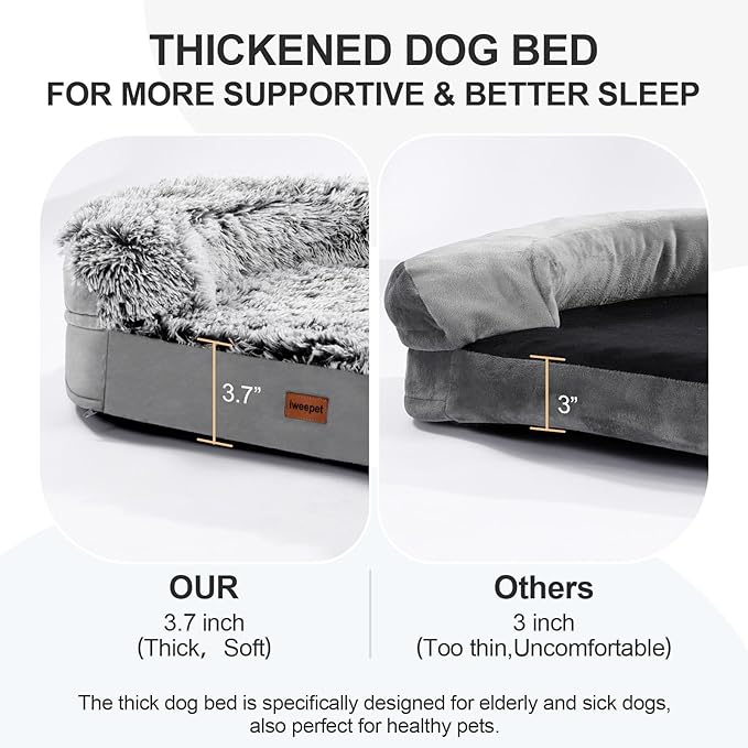 3.7 inch Thickened Orthopedic Dog Beds for Large Dogs, Supportive Dog Sofa Bed with 28D Egg-Crate Foam, Removable Washable Plush Cover, Waterproof Lining, Half-Round Design for Puppy, Senior Dog-PawvioPets