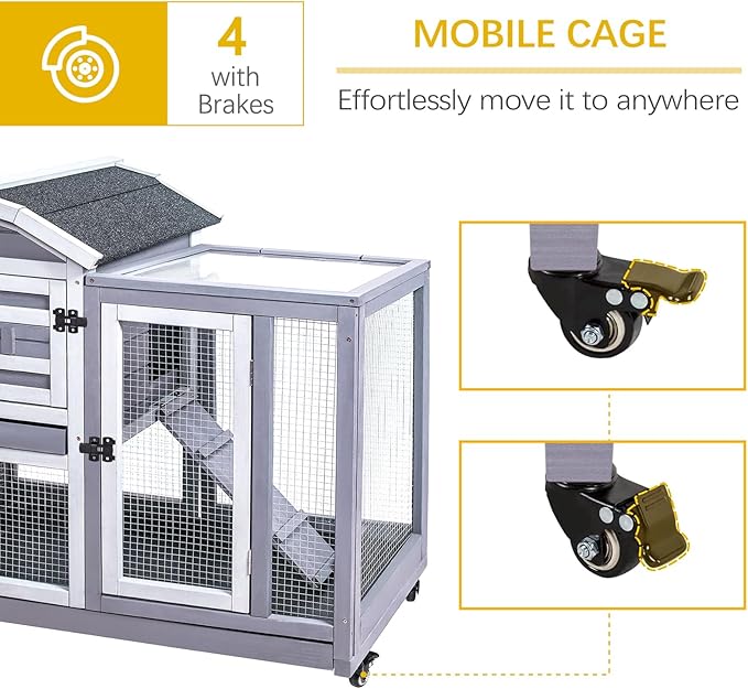 GEGURI Rabbit Hutch Indoor Rabbit Cage Outdoor, Wooden Bunny Cages for Guinea Pig with Wheels, Removable Tray, Ramp-PawvioPets