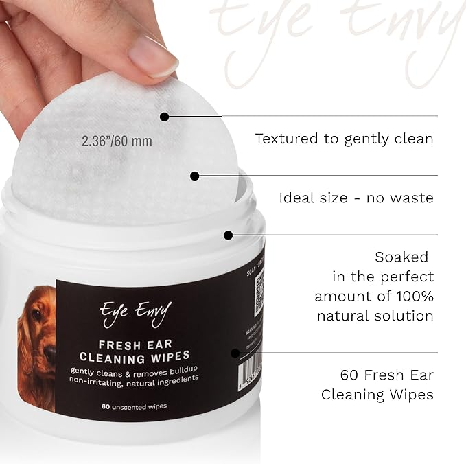 Eye Envy Fresh Ear Cleaning Wipes for Dogs. Made in The USA from Natural Ingredients. Unscented. Prevents Infections. Safe and Non-Irritating. Removes Dirt, Debris, and Wax buildup. 60 Count.-PawvioPets