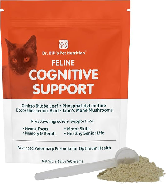 Dr. Bill's Feline Cognitive Support | Memory Support Supplement for Cats | Pet Supplement | Contains Gingko Biloba, L-Carnosine, Vitamin B-12, L-Glutamine, L-Tyrosine, and DHA-PawvioPets