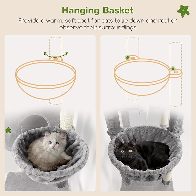 Globlazer Tall Cat Tower, 76 inch Multiple Level Cat Climbers for Indoor Cats, XL Cat Tree with 5 Scratching Posts, 2 Cat Condos, Hammock, 2 Hanging Baskets, F76B, Light Grey-PawvioPets