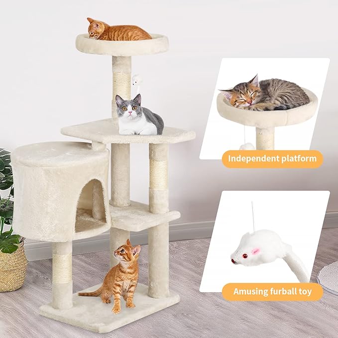 BestPet Cat Tree 36 inch Tall Scratching Toy Activity Centre Cat Tower Cat Condo Multi-Level Furniture Scratching Posts for Indoor Cats,Beige-PawvioPets