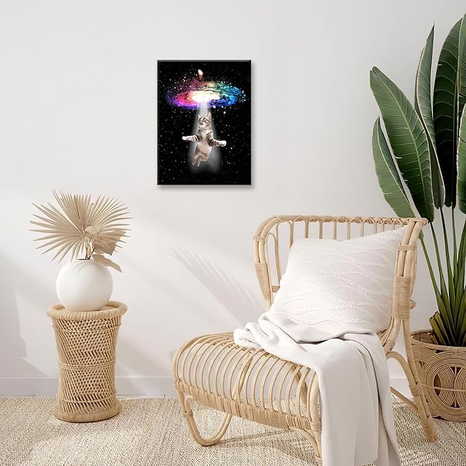 Funny Cat Wall Art Canvas Galaxy Wall Decor Prints Framed Painting Animal Pictures Gifts Artwork for Bathroom Living Dining Kitchen 12"x16"-PawvioPets