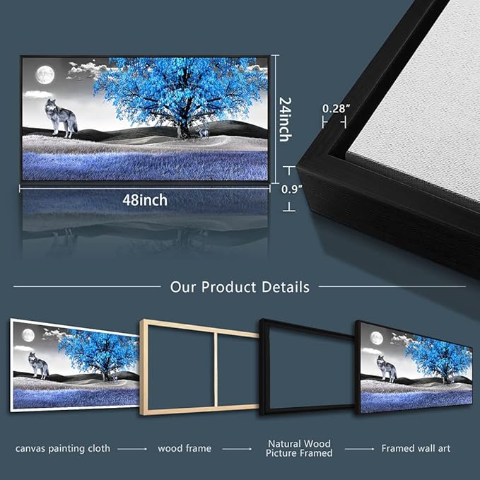 Frame Canvas Wall Art For Living Room Family Wall Decorations For Bedroom Modern Office Wall Decor Paintings Blue Tree Landscape Pictures Artwork Canvas Art Prints Home Decor Black Framed 24" X 48"-PawvioPets