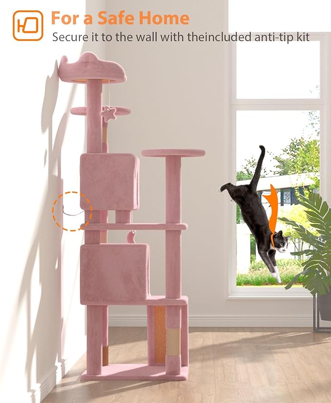 60'' Cat Tree Tower for Indoor Cats Large Adult,Cute/Tall Modern Cat Tree for Big Cats 20 lbs, Plush Multi-Level Cat Condo with Scratching Posts,Dangling for Fun Play (Soft Pink, 60 inch)-PawvioPets
