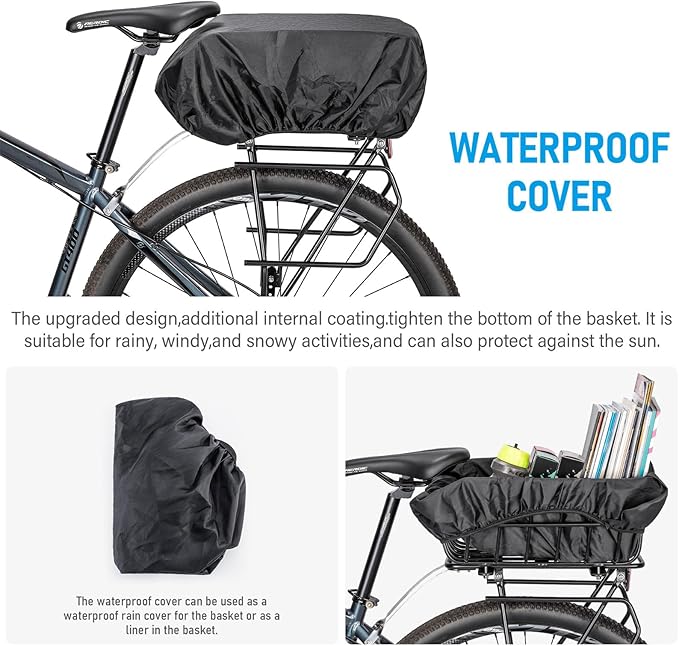 CXWXC Rear Bike Basket - Bicycle Rear Basket with Cargo Net and Waterproof Cover - Rear Mount Aluminium Bike Basket Large Capacity-PawvioPets