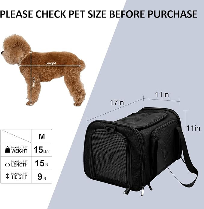 Cat Carriers Dog Carrier Pet Carrier for Small / Medium Cats Dogs Puppies (Up To 15lbs), TSA Airline Approved Small Dog Carrier Soft Sided, Collapsible Waterproof Travel Puppy Carrier -Black-PawvioPets