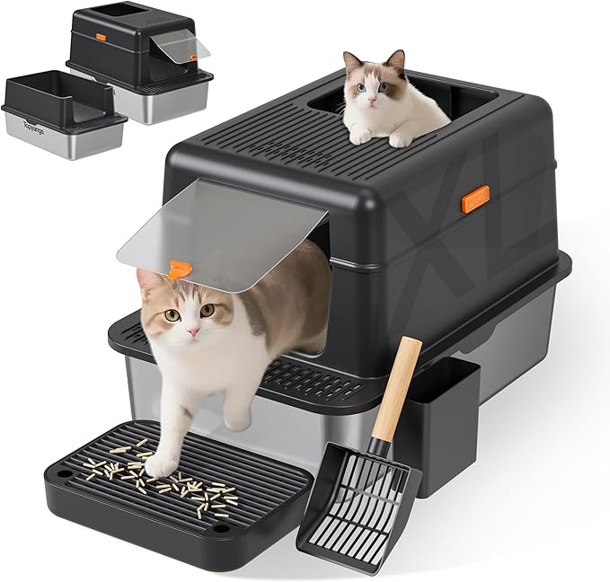 Enclosed Stainless Steel Litter Box with Lid, 20L Metal Enclosed Litter Box for Big Cat, Flip-Top Design with Anti-Leakage High Sides, Cat Lovers Gifts（Black）-PawvioPets