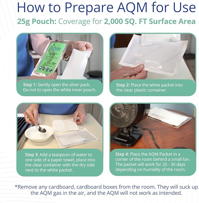 AQM by OdorXit, Air Quality Manager Chlorine Dioxide Odor Removal Packet, Dog Odor Eliminators for Hom, Wet Dog Smell & Car Deodorizer, Cigarette & Strong Smell Neutralizer, 25g-PawvioPets