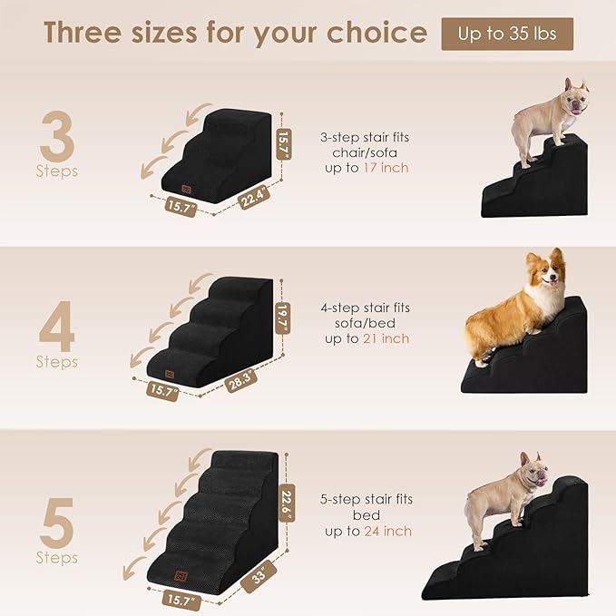 EHEYCIGA Curved Dog Stairs Ramp for High Beds 19.7" H, 4-Step Dog Steps for Small Dogs and Cats, Pet Stairs for High Bed Climbing, Non-Slip Balanced Pet Step Indoor, Black-PawvioPets