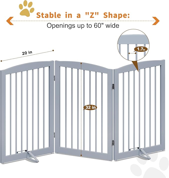 Freestanding Pet Gate for Dogs, Foldable Wooden Dog Gate for House Indoor, Tall Pet Fence for Stair, Doorway,Hall, Support Feet Included, 3 Panels 32",Grey-PawvioPets