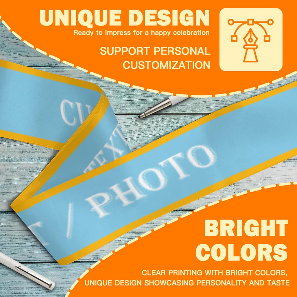 Custom Sash,Personalized Birthday Sash with Text Photo,Customized Bachelorette Sash Quote Sash Bride to Be Sash Color Optional (With decorative edge, Cyan)