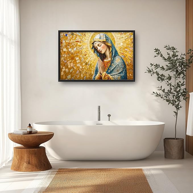 Extra Large Virgin Mary Framed Wall Art for Living Room,Oversized Golden Christian Religious Pictures Wall Decor,Canvas Print Painting Modern Artwork Bedroom Office Bathroom 36L" x 24W"-PawvioPets