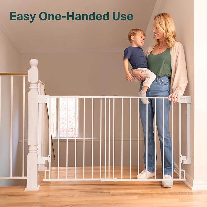 Cumbor 31.6-48" No Bottom Bar Baby Gate for Stairs, 2-in-1 Auto Close Dog Gate Indoor, Hardware Mounted Pet Gate for Doorways with Large Walk Thru Door, Child-Proof Safety Gate for Kids (White)-PawvioPets