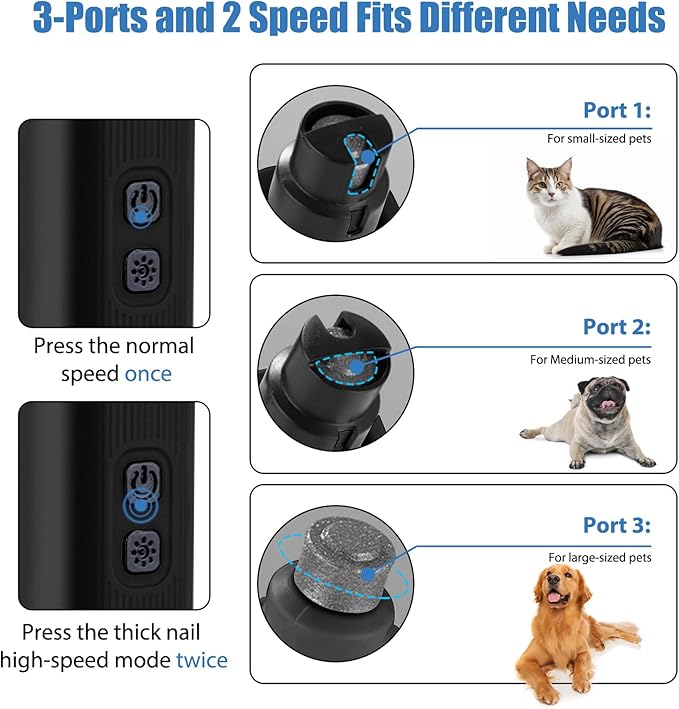 Dog Nail Grinder - 2 Speed Super Quiet and Low Vibration Electric Pet Nail Grinder - Rechargeable Dog Nail Trimmers for Small Dogs- Cat Nail Claw Clippers with 2 Level LED Lighting（Black）-PawvioPets