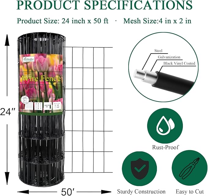Black PVC Coated Welded Wire Fence 24 Inch x 50 Foot, 2 Inch x 4 Inch 15GA, Garden Border Fencing Roll Vinyl Coating Metal Wire Mesh Hardware Cloth for Yard Vegetable Plant Protection-PawvioPets