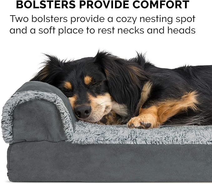Furhaven Cooling Gel Dog Bed for Medium/Small Dogs w/ Removable Bolsters & Washable Cover, For Dogs Up to 35 lbs - Two-Tone Plush Faux Fur & Suede L Shaped Chaise - Stone Gray, Medium-PawvioPets