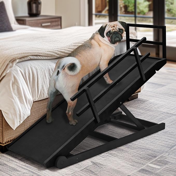 Dog Ramp for Bed, Adjustable Pet Ramps for Dog to Get on Bed, Non-Slip Rubber Surface - Folding Wooden Dog Ramp for Small/Large/Old Dogs, Adjustable up to 27.5 inch High Beds, Safety Railings-PawvioPets