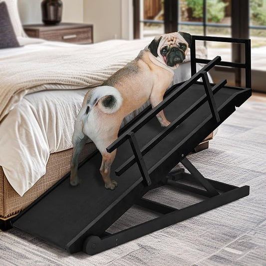 Dog Ramp for Bed, Adjustable Pet Ramps for Dog to Get on Bed, Non-Slip Rubber Surface - Folding Wooden Dog Ramp for Small/Large/Old Dogs, Adjustable up to 27.5 inch High Beds, Safety Railings-PawvioPets