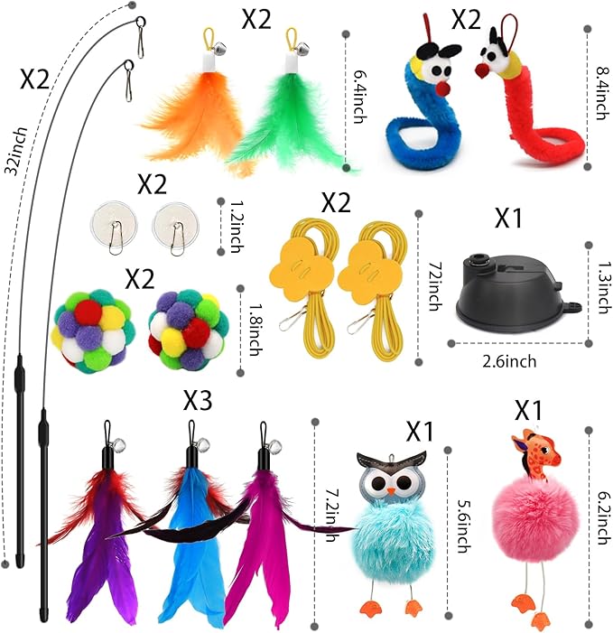 4-in-1 Interactive Cat Toys Set with Suction Cup Wand, Hanging Cat Toys, Fishing Pole Cat Wand & Kitten Balls- Includes Variety Replaceable Worms, Feathers for Indoor Bored Cats for Exercise-PawvioPets